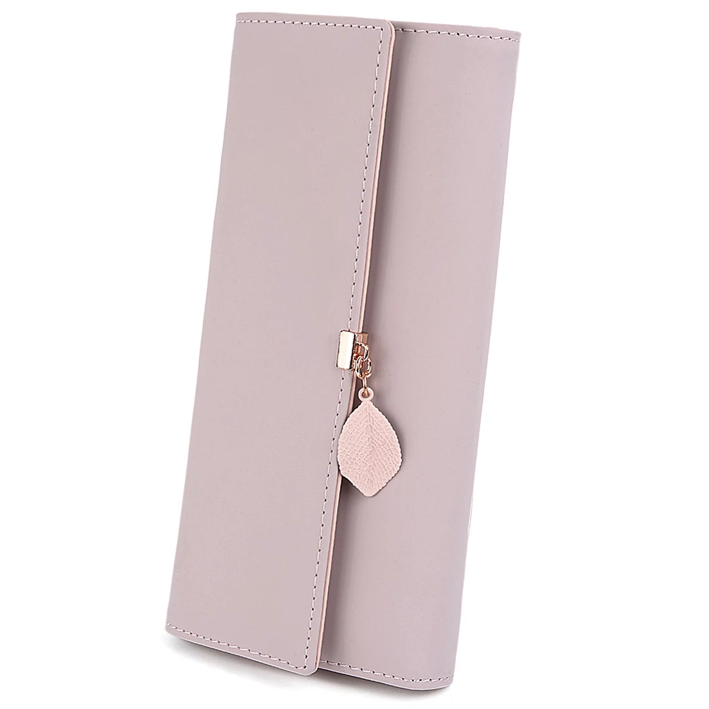 Womens Wallet PU Leather RFID Blocking Card Holder Elegant Zipper Coin Purse Leaf Pendant(Pink-2)