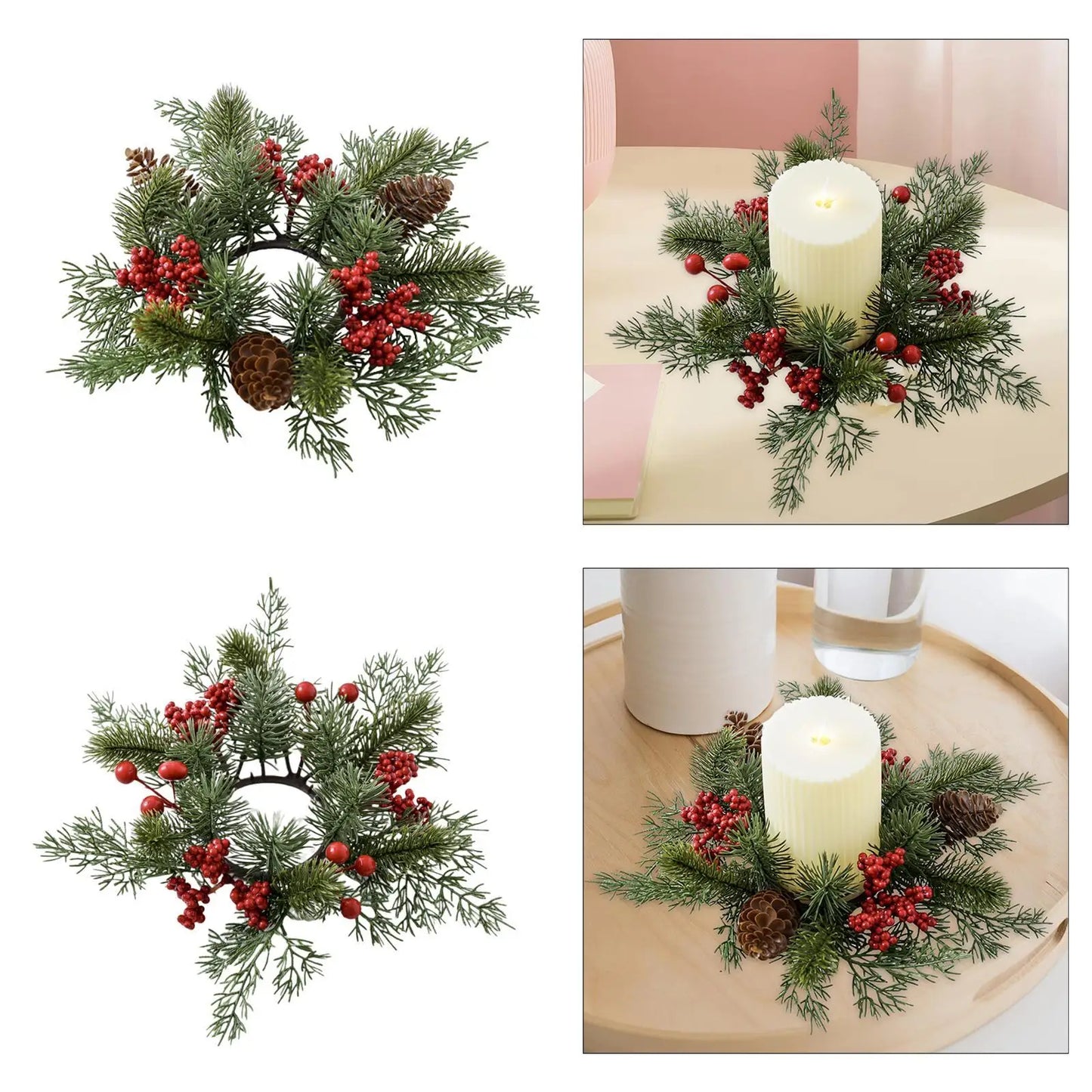 Christmas Candle Ring Artificial Red Berries Wreath for Home Bar Wedding