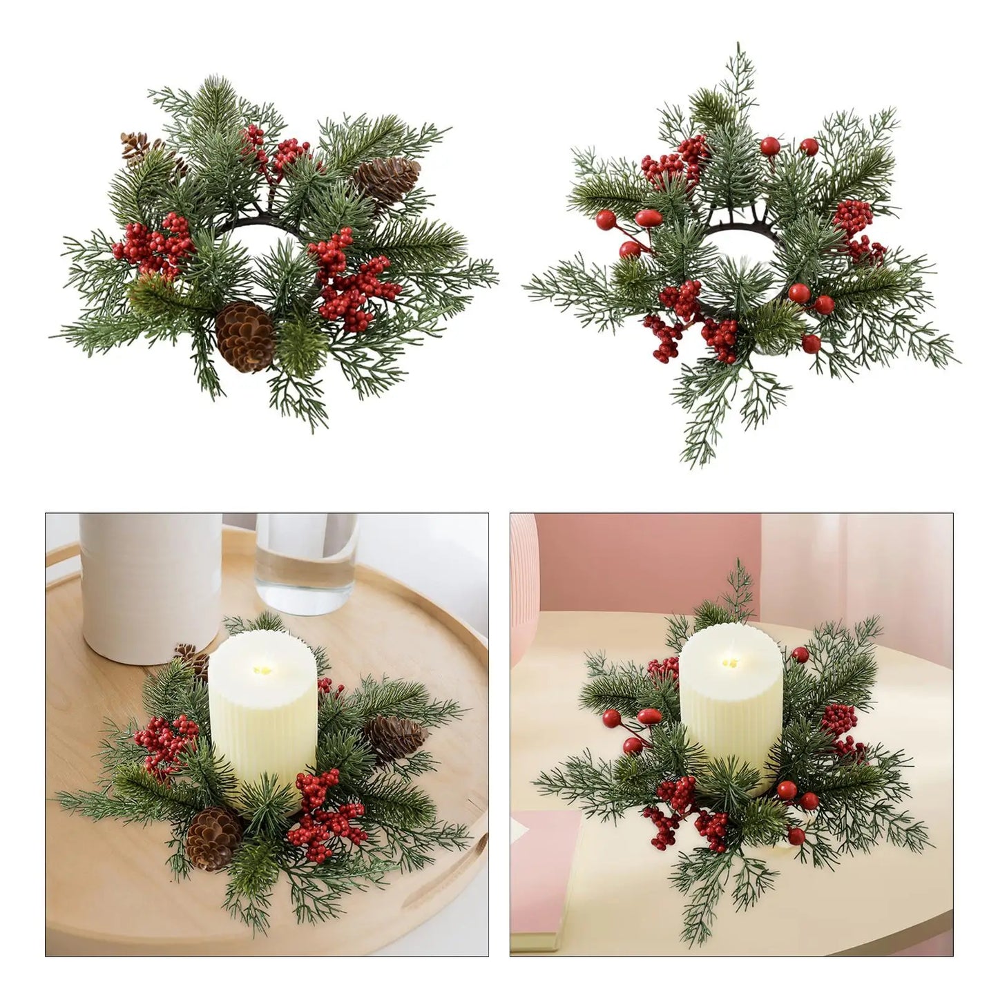 Christmas Candle Ring Artificial Red Berries Wreath for Home Bar Wedding